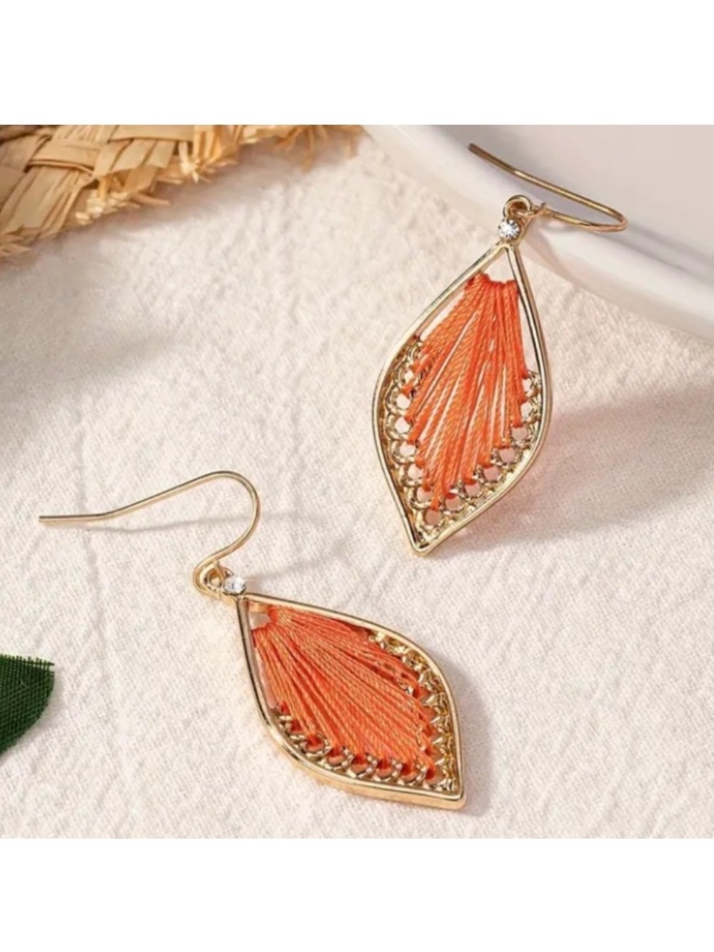 Coral Orange Teardrop Crystal Gold Toned Dangle Earrings